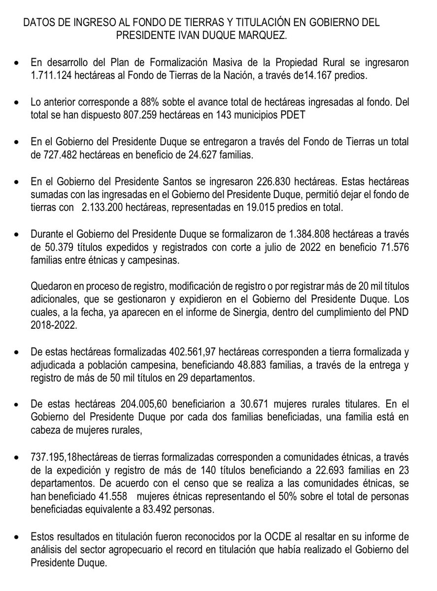 Sobre las mentiras de la gestión en tierras: En el Gobierno del Presidente Duque se entregaron a través del Fondo de Tierras un total
de 727.482 hectáreas en beneficio de 24.627 familias.