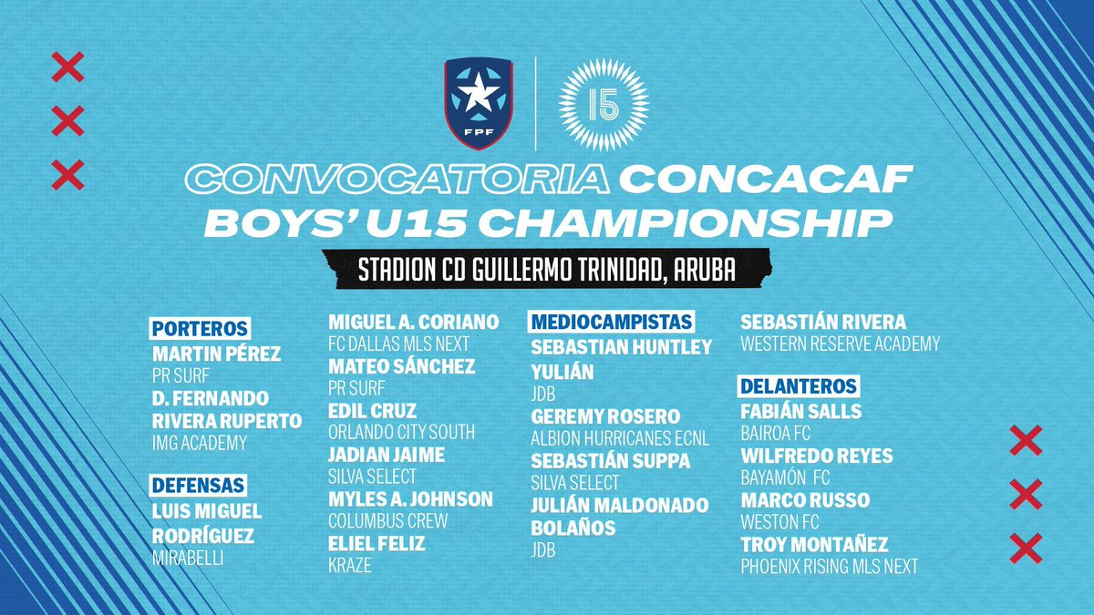 🇵🇷⚽️ Les compartimos la convocatoria oficial de la Selección Sub-15 Masculina de Puerto Rico para el CONCACAF Boys' U-15 Championship, que se jugará del 2 al 10 de agosto de 2025 en Aruba.

¡Vamos Puerto Rico! 🔥