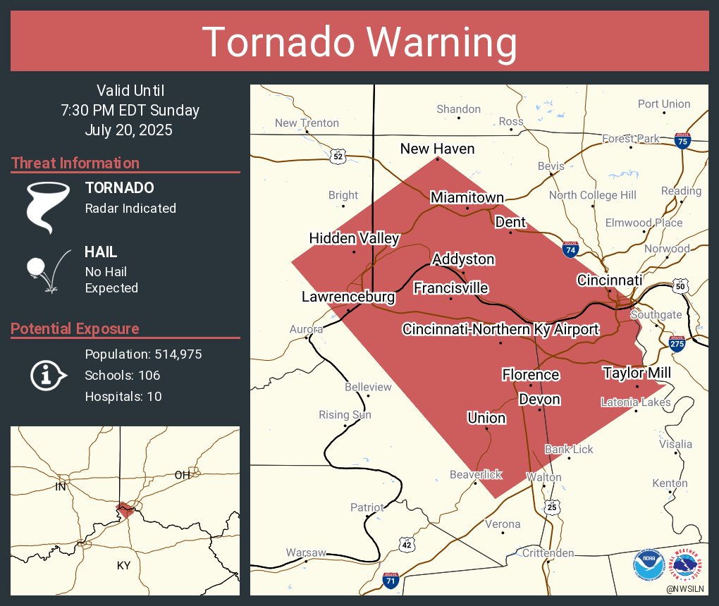 NWStornado's tweet image. Tornado Warning including Cincinnati OH, Cincinnati-Northern Ky Airport KY and  Covington KY until 7:30 PM EDT