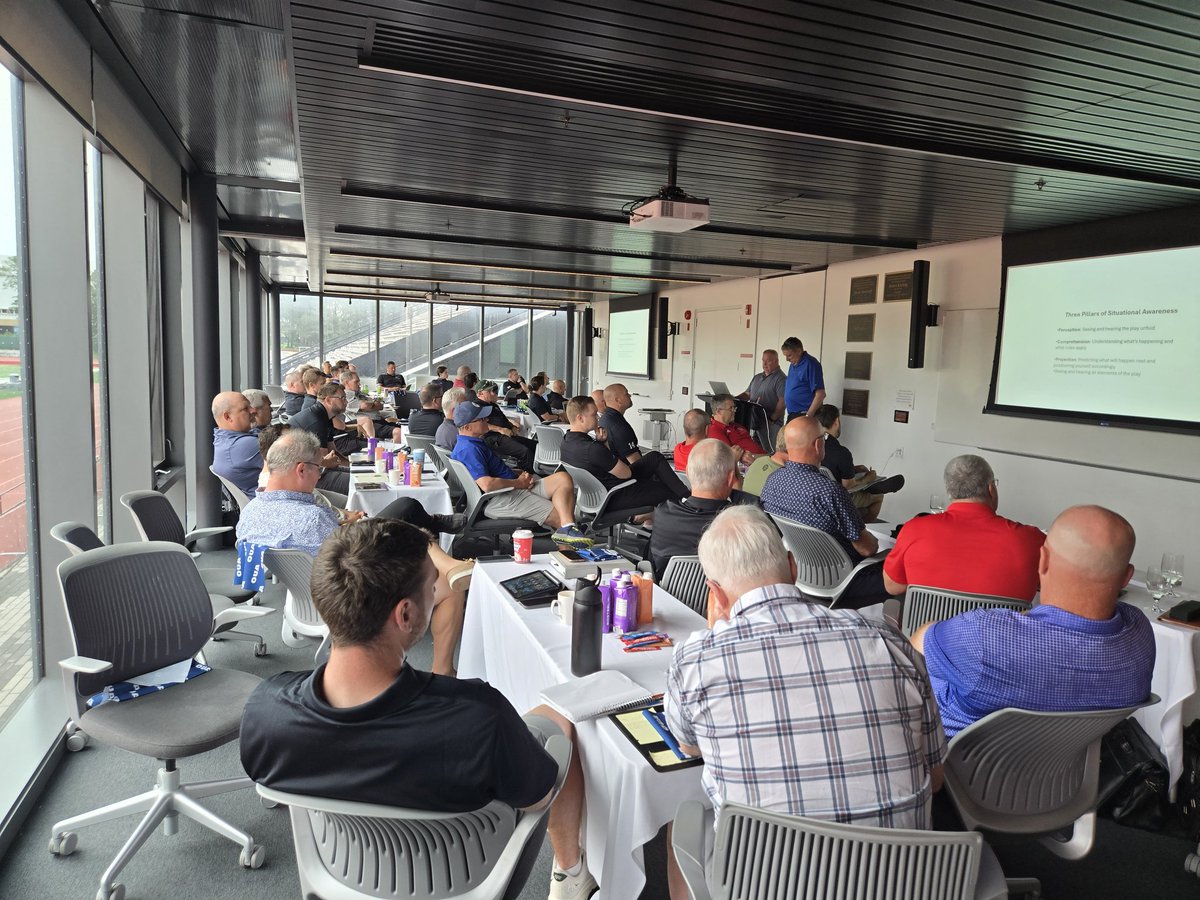 A great pre- season meeting for the OUA football officials today at the U of Guelph. Special thanks to the staff from athletics, events, facilities , catering, and IT for making the day work for 52 officiating staff members!