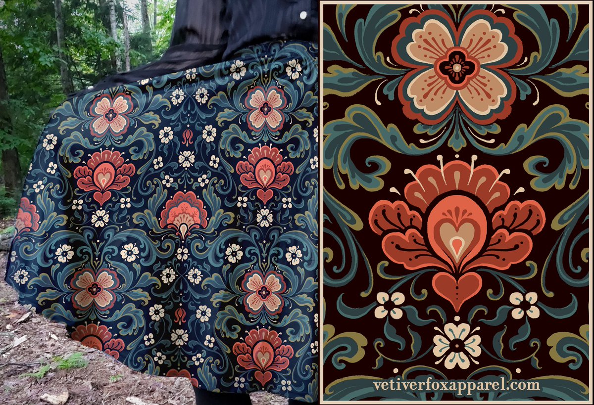 ❤️🌼Rosemaling🌼❤️ 
The newest design, inspired by traditional Norwegian decorative art! A colorful floral midi skirt on black with matching silky accent pockets. 
Available to preorder in S-6XL now thru 7/22 at 
vetiverfoxapparel🧡com !!