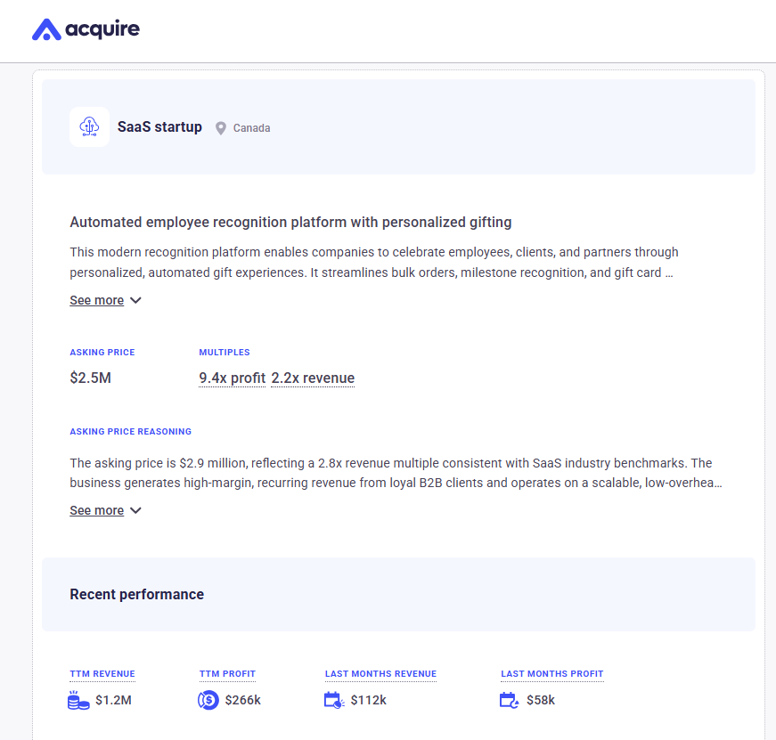 agazdecki's tweet image. New banger SaaS listing alert on @acquiredotcom.
Bootstrapped profitable startup with $1M+ in TTM revenue.
> Employee recognition platform
> Simplifies virtual gifting and bulk ordering
> Saves HR teams time and headaches
Check out the full details: app.acquire.com/startup/bgnQVz…