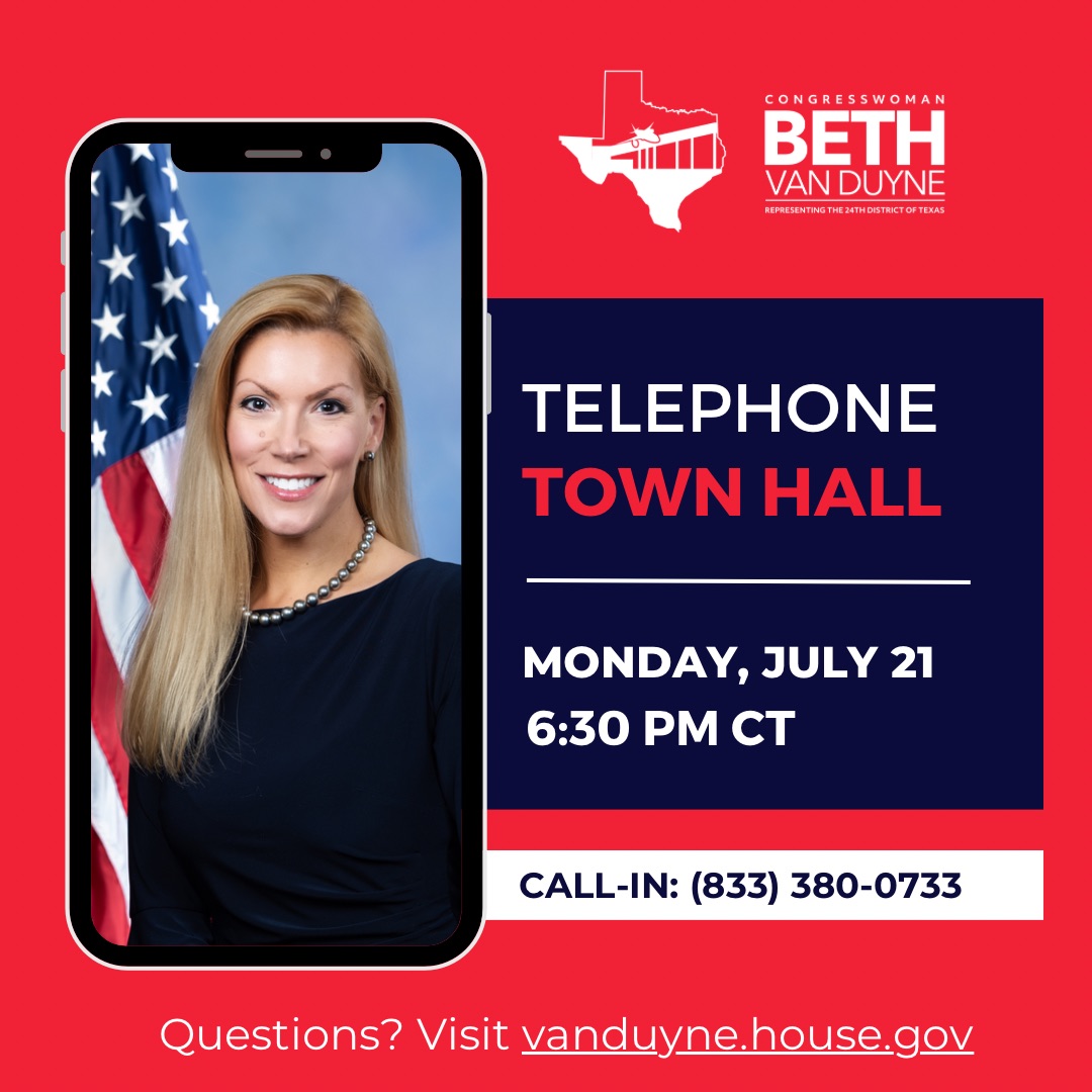 RepBethVanDuyne's tweet image. Reminder, tomorrow I will be hosting a Telephone Town Hall, call in to (833) 380-0733 at 6:30pm CT.
I will be sharing more details about the upcoming 2025 North Texas Job Fair on August 7th at Globe Life Field, as well as sharing about my work in Washington, and answering your…