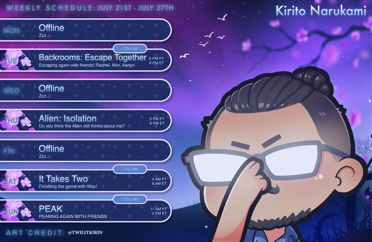 kirito_narukami's tweet image. ✧ ・゚ WEEKLY SCHEDULE ・゚✧
GOOD MORNING/AFTERNOON/EVENING LOST SOULS!
COLLABS MOST OF THE WEEK AND TIMES WILL BE JUMPING AROUND A BIT!