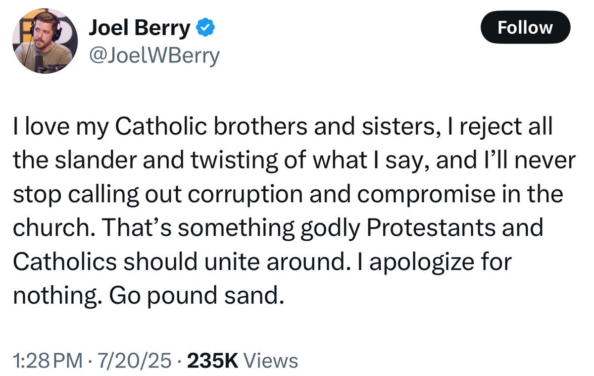 patrickmadrid's tweet image. No one "slandered" you or "twisted" what you said, @JoelWBerry. Your comments were ignorant and bigoted, and now you're getting the rebukes you deserve. And spare us the fake and evasive 'brotherly love' rhetoric. How about owning up to your mistake gracefully. If you can't do…
