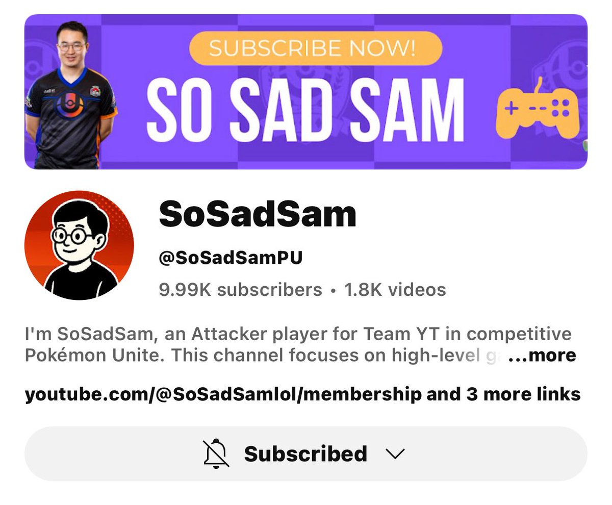 nvnciii's tweet photo. We’re soooooo close to 10k 🎉🥳 Thank you for supporting my hubby @SoSadSamlol for the past 4-5 years!!! Watch the best garde player in world’s content to learn about unite! Let’s get to 10k sosads 🙌🏻 https://t.co/BOE1kARAhi