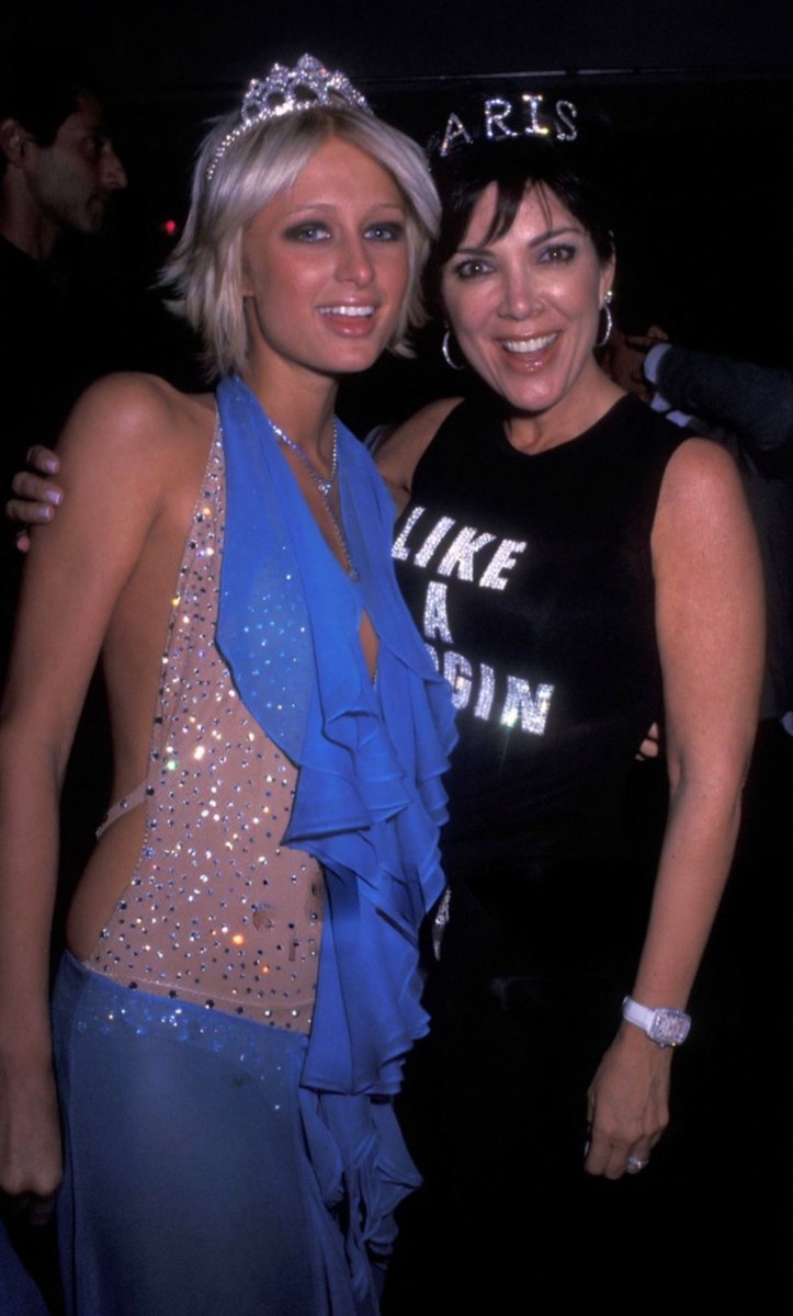 chattecouture's tweet image. kris jenner and paris hilton (2002) — kris jenner wearing the ‘ like a virgin ’ dolce & gabbana tank s/s2001