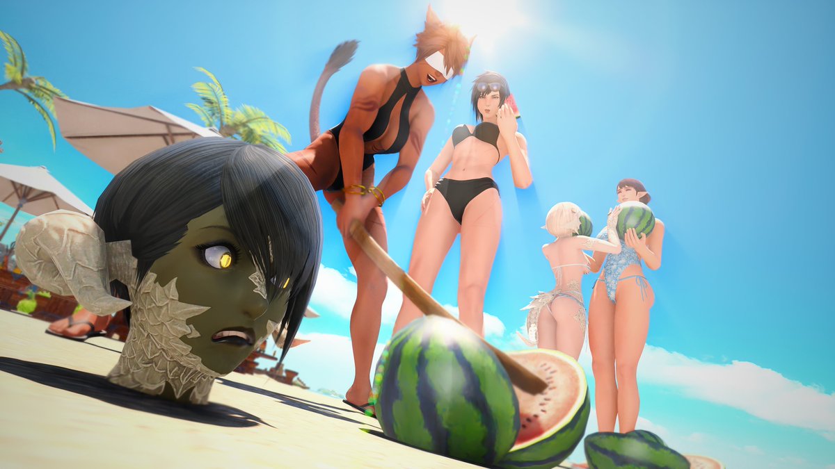 cracking a few melons to beat the heat
with some summer-alt costume melon heads, <a href="/McDuffXIV/">McDuff</a> <a href="/AmoralLizard/">Omi</a> and a <a href="/RenaRenbo/">Rena</a>