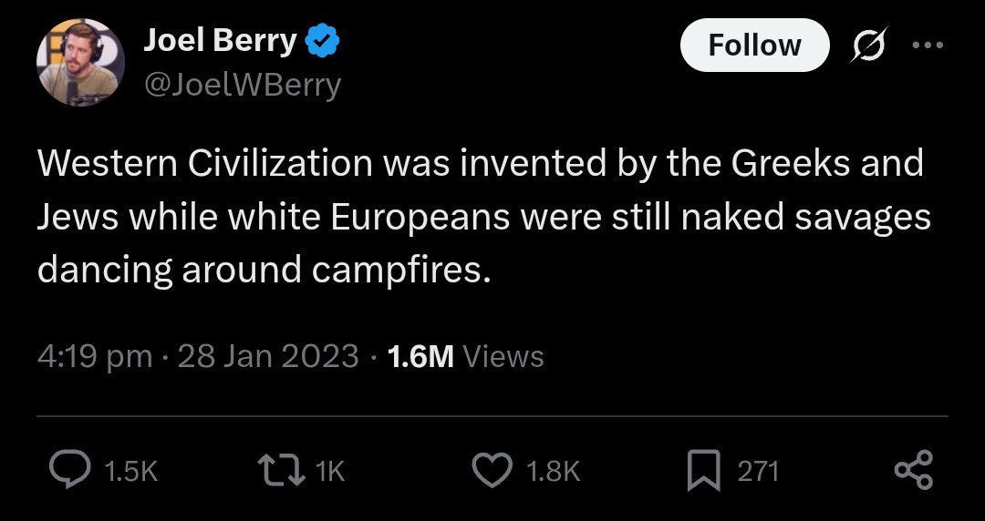 Nero's tweet photo. Everything good and true and beautiful in our culture comes from Our Lord via the Catholic faith—every heave of bosom in symphony, the ache of every brush stroke, the line of every exquisite and vaulting arch as it soars toward Heaven. Read a fucking book @JoelWBerry https://t.co/KslW36tm2t