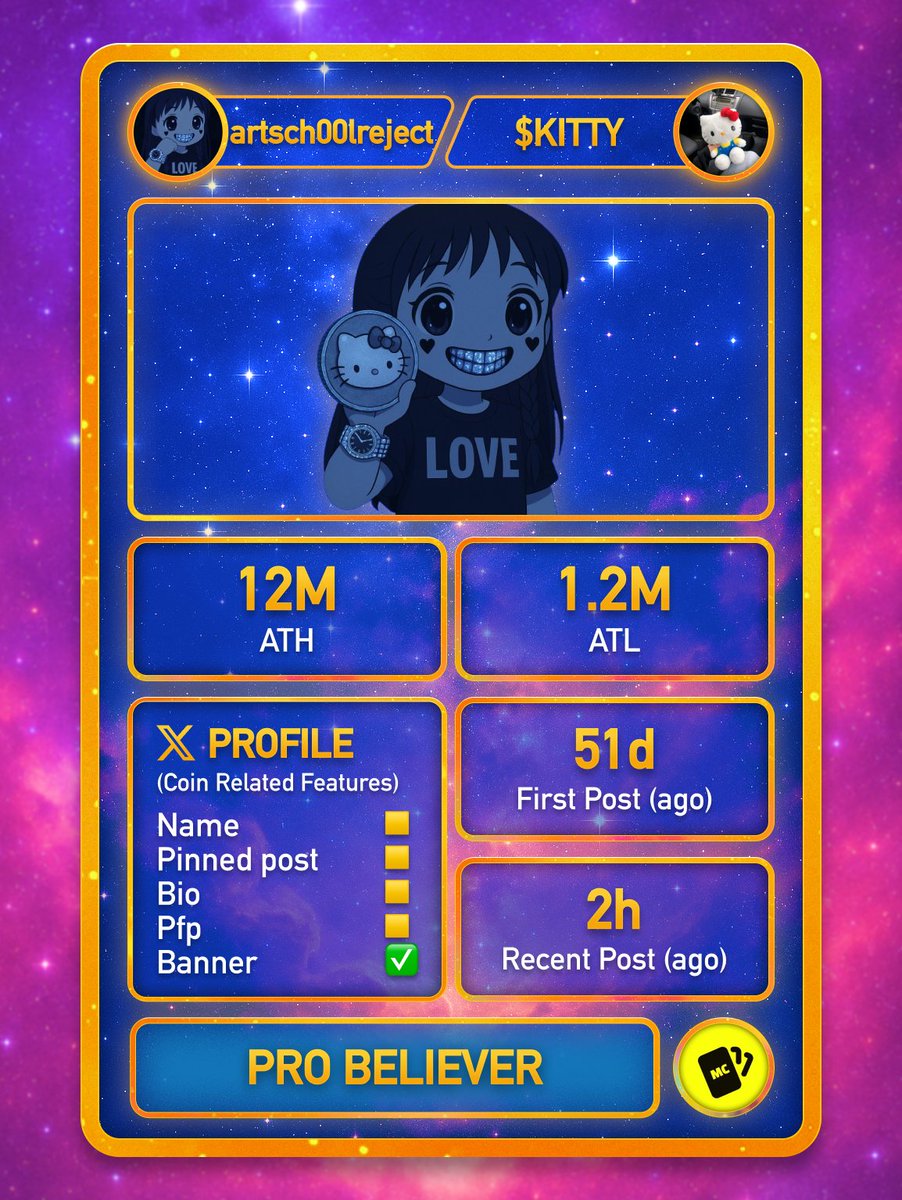 memecardz's tweet image. $KITTY Believer Card 🟡

@artsch00lreject has been believing for 51 days, still posting 2 hours ago.

ATH: 12M | ATL: 1.2M (from day of belief)

X profile: banner