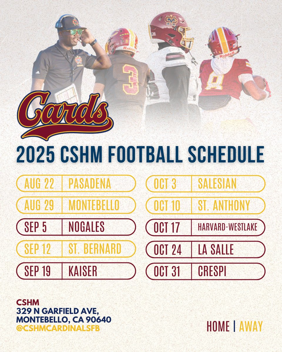 Eddie Ficklin Jr (@coachedficklin) on Twitter photo New Era, New Energy, & New Mindset!
Hereโs the upcoming season schedule, also you can catch us in action in a 4-way scrimmage on August 14 at Monrovia High School.๐ด๐ก๐ต #WeComing #TheCardinalWay <a href="/coachmark_48/">Mark the Shark</a> <a href="/SGVNSports/">Fred J. Robledo ๐จ๐ปโ๐ป</a> <a href="/James_Escarcega/">James Escarcega ๐๐๐โพ๏ธ๐ฅ ๐คผ๐คฝ๐ฝโโ๏ธ๐๐ผโโ๏ธ๐๐ปโฝ๏ธ</a> <a href="/CSHMCARDINALFB/">CSHMCARDINALFB</a> <a href="/tspeterson40/">Tim Peterson</a> New Era, New Energy, & New Mindset!
Hereโs the upcoming season schedule, also you can catch us in action in a 4-way scrimmage on August 14 at Monrovia High School.๐ด๐ก๐ต #WeComing #TheCardinalWay <a href="/coachmark_48/">Mark the Shark</a> <a href="/SGVNSports/">Fred J. Robledo ๐จ๐ปโ๐ป</a> <a href="/James_Escarcega/">James Escarcega ๐๐๐โพ๏ธ๐ฅ ๐คผ๐คฝ๐ฝโโ๏ธ๐๐ผโโ๏ธ๐๐ปโฝ๏ธ</a> <a href="/CSHMCARDINALFB/">CSHMCARDINALFB</a> <a href="/tspeterson40/">Tim Peterson</a>