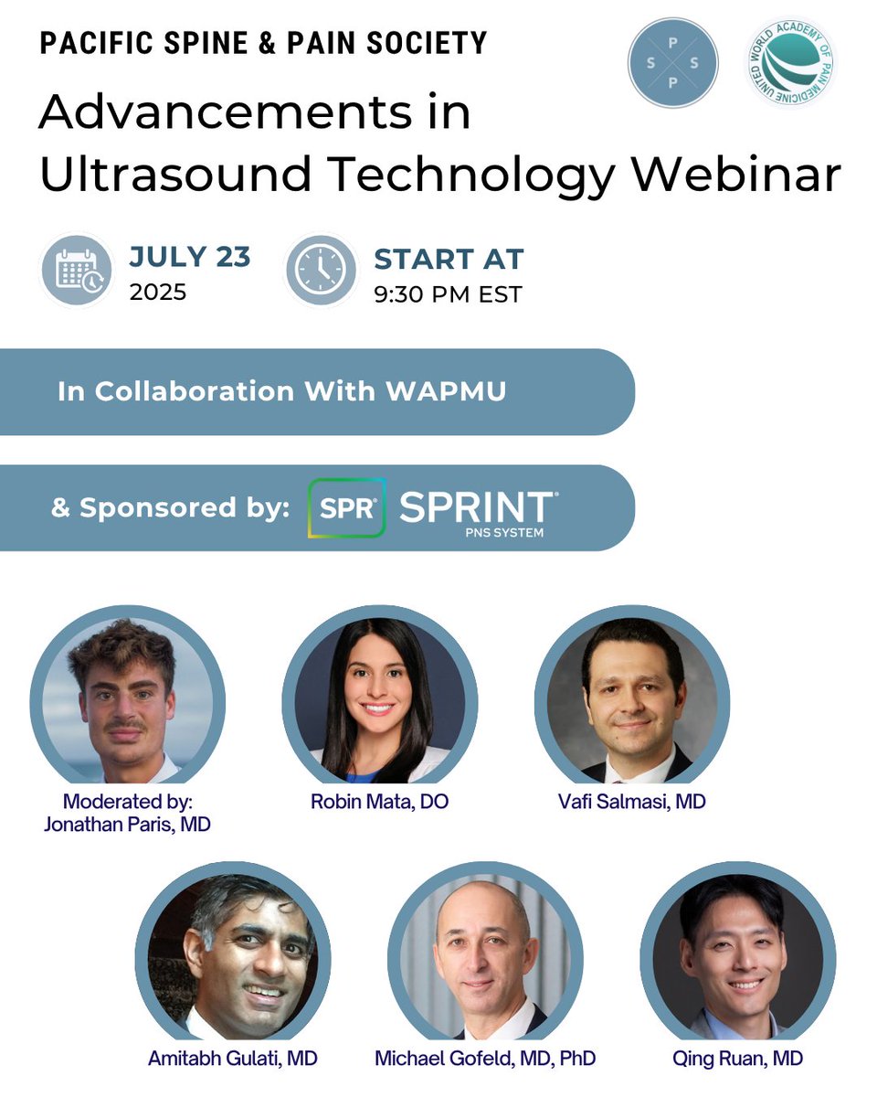 We’re proud to sponsor the Advancements in Ultrasound Technologies Webinar hosted by <a href="/PSpainsociety/">Pacific Spine & Pain Society</a> in collaboration with <a href="/WAPMUScot/">World Academy of Pain Medicine United (WAPMU)</a>.
 
Wednesday, July 23
6:30 PM PST/ 8:30 PM CST/ 9:30 PM EST
 
Register today: us06web.zoom.us/webinar/regist…