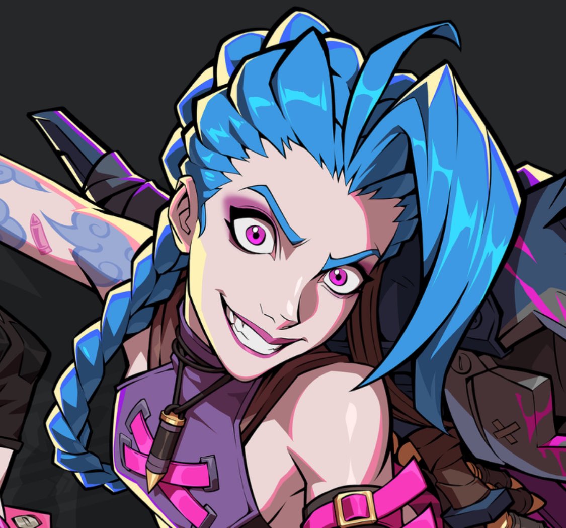 luxnoira's tweet image. when youre in a crazy grin with wide eyes competition but your opponents are jinx and shieda kayn from league of legends