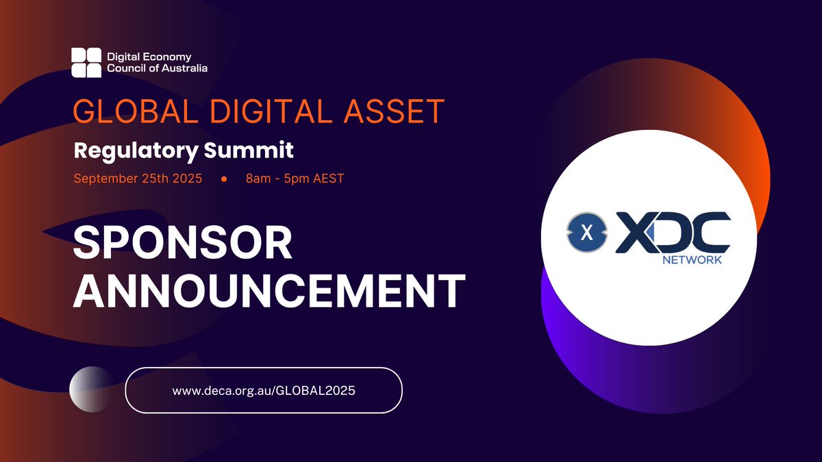DECAustralia's tweet image. We are pleased to welcome @XDC_Network_ as a sponsor of the Global Digital Asset Regulatory Summit 2025.
XDC Network, powered by its native token XDC, is an enterprise-grade hybrid blockchain designed to modernise global trade and finance.
🔗 Register lnkd.in/gDaDiZny