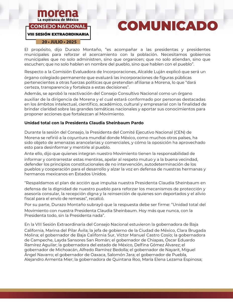 SRIACOMUMORENA's tweet image. Comunicado
VIII Sesión Extraordinaria del Consejo Nacional de Morena.