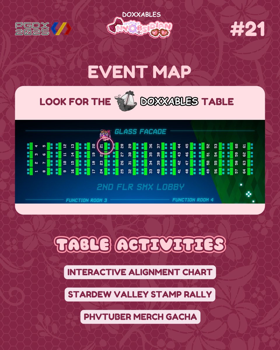 [💜RTs]
🎀 Catalog for PGDX 2025 ⚙️

I GOT NEW MERCH!
⚙️ I'll be at table 21 [Doxxables]
⚙️ SDV Stamp Rally
⚙️ Umamusume, Valo, Until Then, TF2, Patapon, LocoRoco, COTL, SDV, Portal, Tekken, Osu, Ultrakill, Pikmin, Minecraft, Vocaloid
⚙️ DM for reservations

#PGDX2025 #StickyExpo