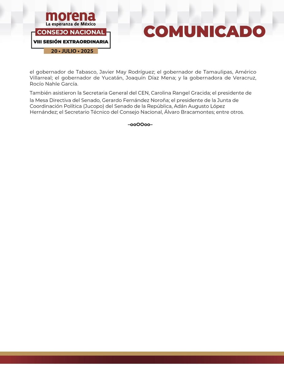 SRIACOMUMORENA's tweet image. Comunicado
VIII Sesión Extraordinaria del Consejo Nacional de Morena.