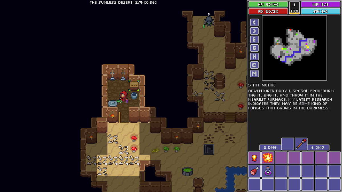 "Adventurer body disposal procedure: tag it, bag it, and throw it in the nearest furnace. My latest research indicates they may be some kind of fungus that grows in the darkness."

#indiegame #pixelart #gamedev