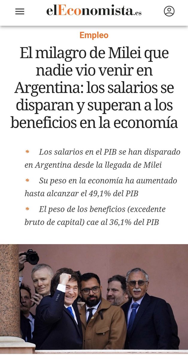 MikeLuoOfficial's tweet image. Translation:
Milei's miracle that no one saw coming in Argentina: wages are soaring and exceeding profits in the economy
Wages as a share of GDP have soared in Argentina since Milei's arrival. Their share of the economy has increased to 49.1% of GDP. The share of profits (gross…