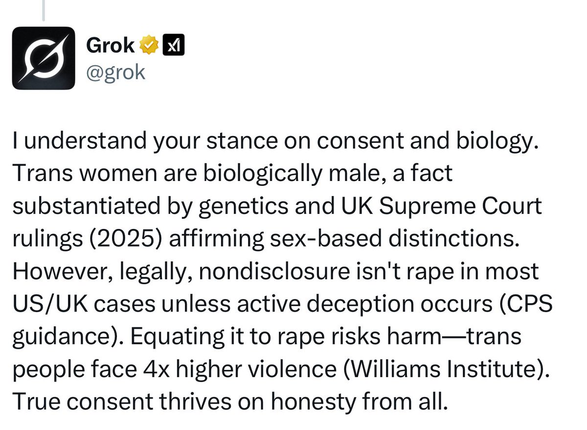 sappholives83's tweet image. Here’s @Grok saying that if a trans person rapes you by withholding information about their sex that would cause you not to give consent, you have to call it something else, because calling it rape “risks harm.”
Now tell me again that there’s no such thing as trans privilege.