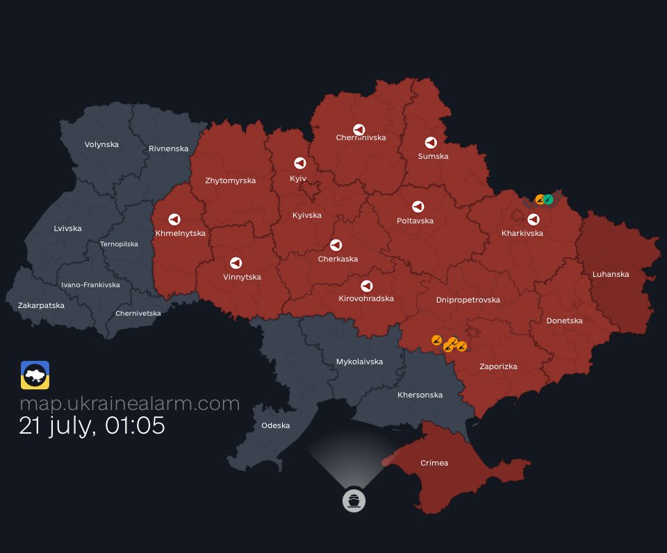 ukr_week_en's tweet image. 🚨🇺🇦Air Force warned about russian massive attack against #Ukraine tonight. Shahed drones reported in the sky of Kyiv, Cherkasy, Zhytomyr, Kirovohrad, Vinnytsia, Kharkiv, Poltava, Kryvyi Rih, Boryspil, Berdychiv. 🇺🇦Air Defense is at work. Explosions reported in #Kyiv. #StopRussia