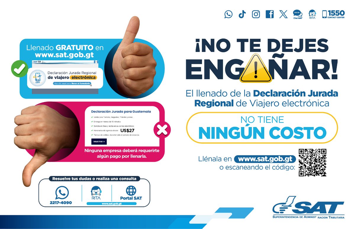 🧳 Recuerda que en cada viaje, debes llenar 📲 tu Declaración Jurada Regional de Viajero electrónica #DJRV.

Este proceso puedes hacerlo hasta 3 días previo 🛫🛳️ y ¡es gratis! 🆓️

👩‍💻 Llénala en: farm2.sat.gob.gt/declaDelViajer…