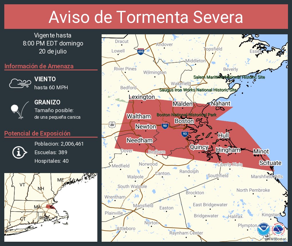 NWSBoston's tweet image. Aviso de Tormenta Severa incluye Boston MA, Cambridge MA, Quincy MA hasta las 8:00 PM EDT