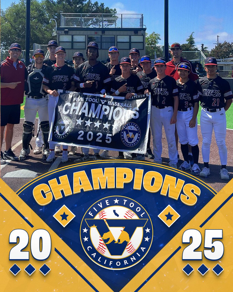 Five Tool California (@fivetoolca) on Twitter photo 🏆CHAMPIONS🏆
Congrats to the <a href="/_AllInBaseball/">All In Baseball</a> 2026 Elite on winning the <a href="/FiveTool/">Five Tool Baseball</a> California <a href="/AZFallClassic/">AZ Fall Classic</a> Senior Qualifier!
#WatchEm 🏆CHAMPIONS🏆
Congrats to the <a href="/_AllInBaseball/">All In Baseball</a> 2026 Elite on winning the <a href="/FiveTool/">Five Tool Baseball</a> California <a href="/AZFallClassic/">AZ Fall Classic</a> Senior Qualifier!
#WatchEm