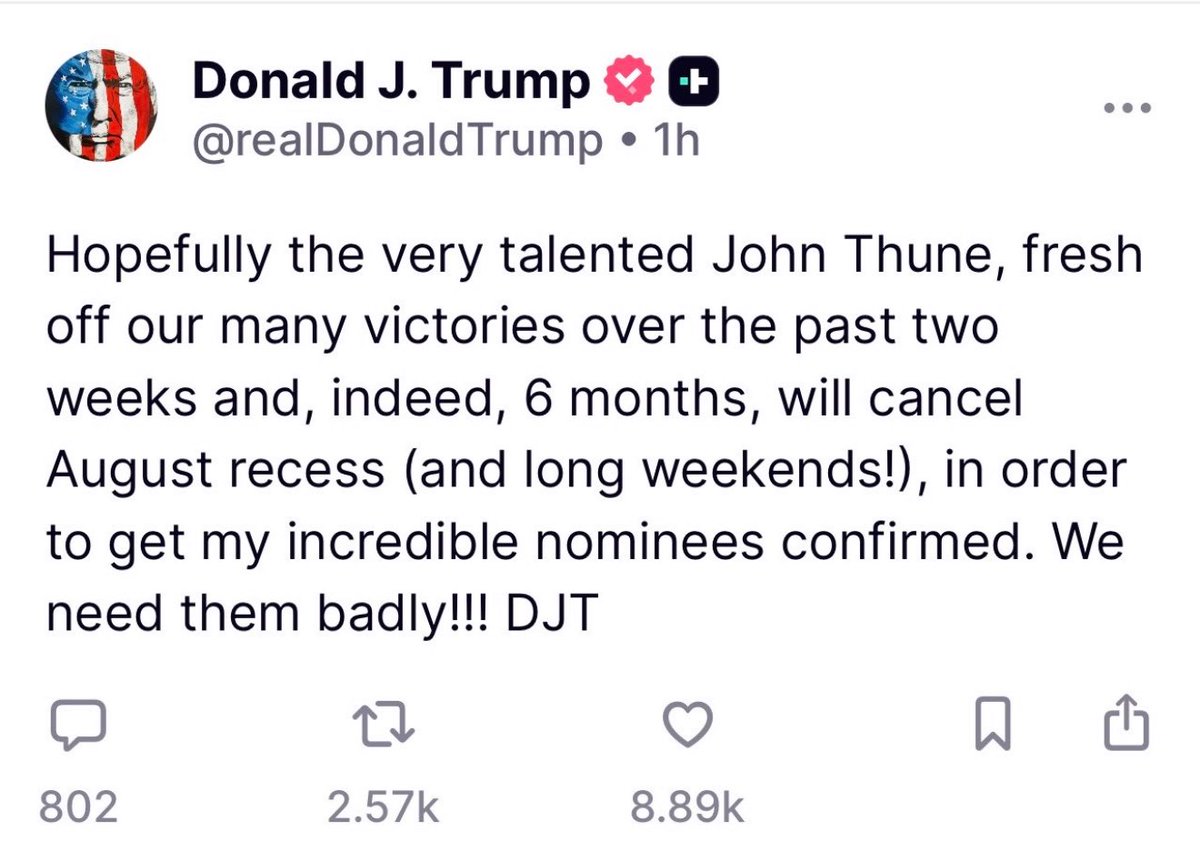 IngrahamAngle's tweet image. Time for the Senate to remain in DC to get these critically important Trump nominees confirmed. Vacations will have to wait. America and Trump’s agenda should not. Force Dems playing these games to stay weekends.