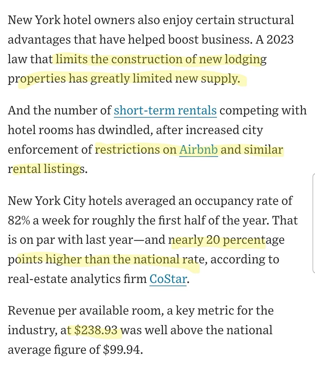 scottlincicome's tweet image. NYC's lodging restrictions are paying off - for upscale hotel owners. wsj.com/real-estate/co…