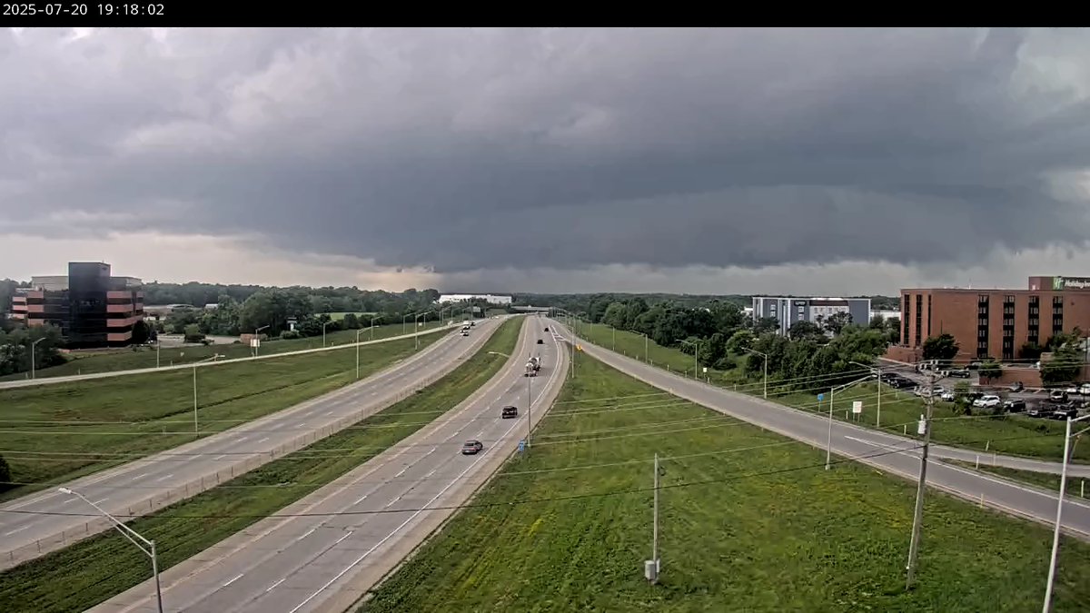 Tornado-warned supercell near the Cincinnati-Covington Airport (CVG) this evening.

Not much in the way of actual tornadic characteristics. TCVG shows more of a downburst signature at this time, and a large shelf cloud is evident, looking back into the storm.

Those in the warned
