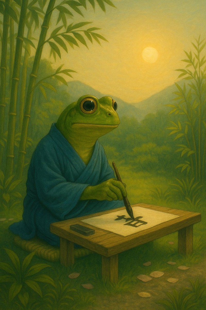 SatoriHopper's tweet photo. 🐸☀️
Beneath the sky, he writes —
not to remember,
but to forget himself.

空の下、書を綴る円。
それは、記すためではなく、
自分を手放すため。

#SatoriHopper #ZenFrog #禅蛙
#MorningRitual #書を嗜む #静寂の中で
#ZenMorning #FrogMonk #SpiritualCalm https://t.co/dr4siawmS6
