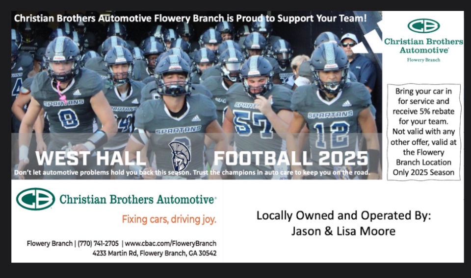 Excited to partner with Christian Bros. Automotive! Mention West Hall Spartan Football during your visit and 5% goes back to our program. Support your team while servicing your ride! #SpartanFootball #HWPO