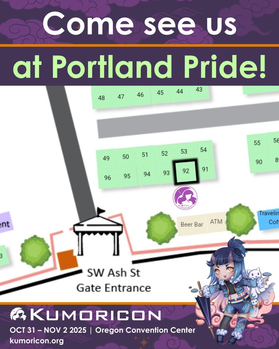 kumoricon's tweet image. #TeamKumo has loved seeing everyone this weekend at Portland Pride!! If you haven't stopped by you really should! We are at booth 92 near the Ash St. gate entrance!
Come say hi and get a $10 discount off your 2025 convention member if you haven’t pre-registered yet.