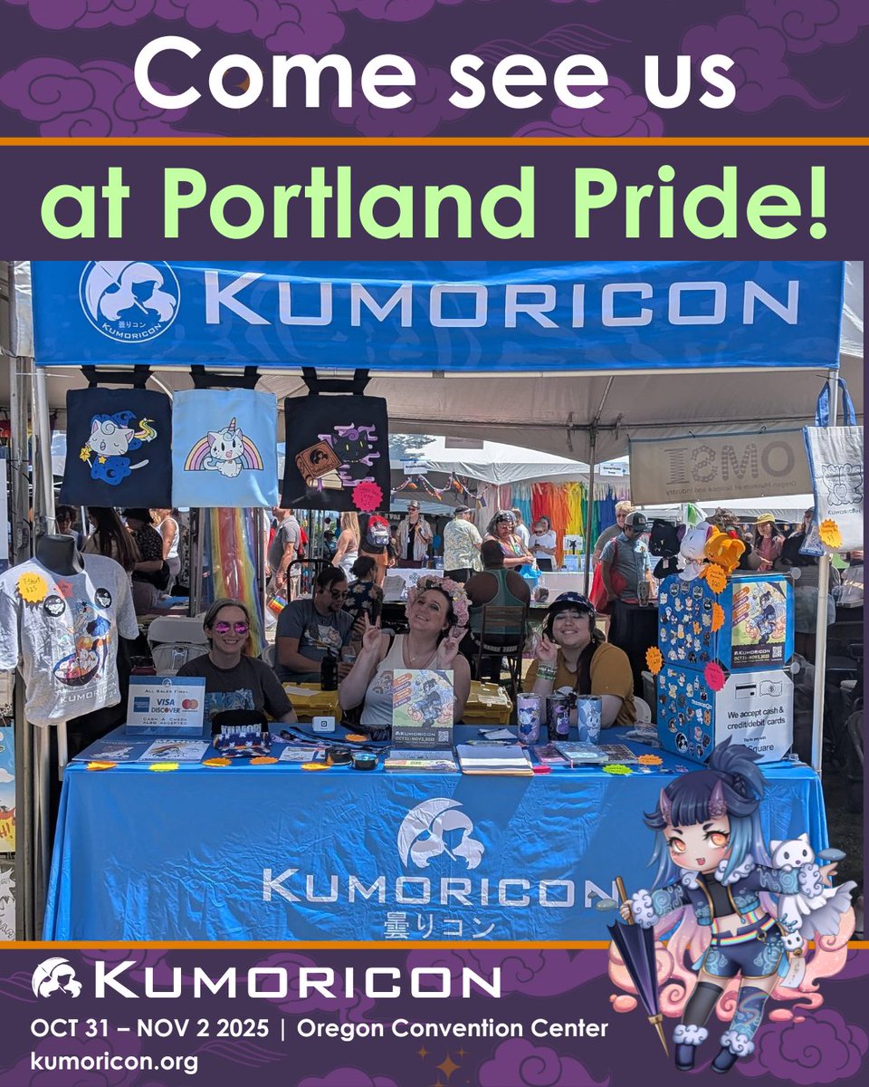 kumoricon's tweet image. #TeamKumo has loved seeing everyone this weekend at Portland Pride!! If you haven't stopped by you really should! We are at booth 92 near the Ash St. gate entrance!
Come say hi and get a $10 discount off your 2025 convention member if you haven’t pre-registered yet.