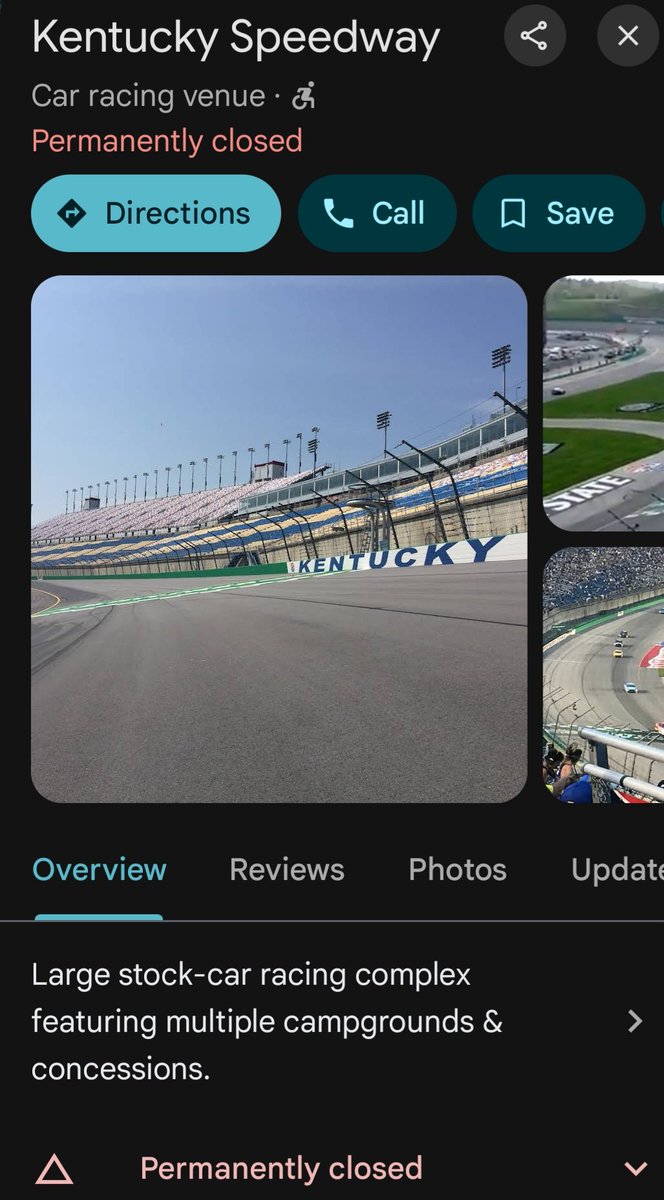 🤔 This is interesting, went to check on a tornado warning in Kentucky to see how close it is to the speedway, and this popped up when i typed in Kentucky Speedway on Google Maps.