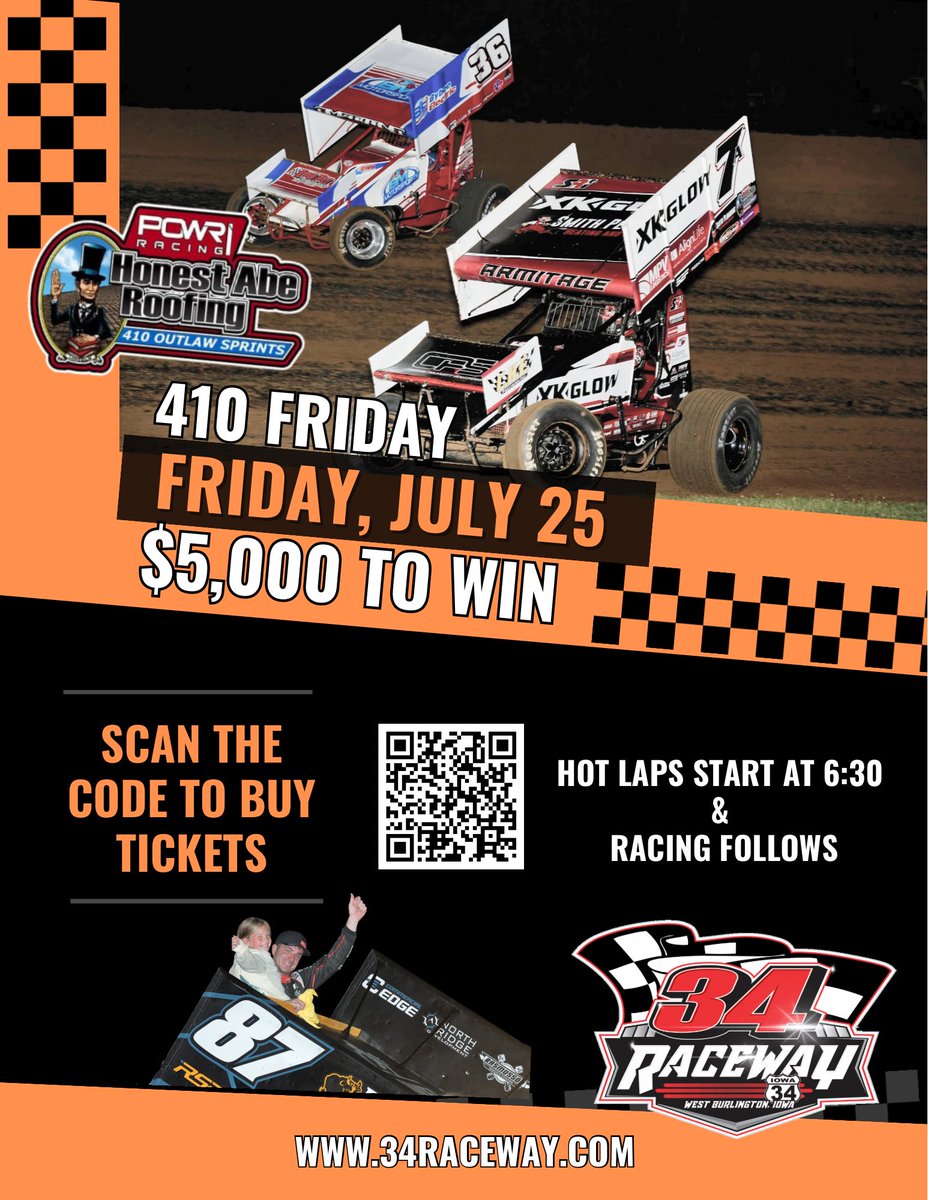 🔆 410 Friday: This Week 🔆

<a href="/POWRi_Racing/">POWRi Racing</a> returns in a $5,000 to win Spectacular this Friday complements of Collision Center West Burlington!