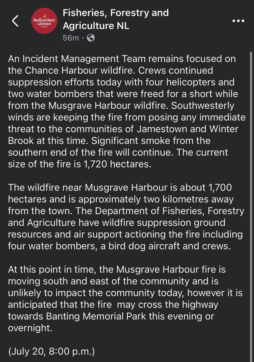 ant_wx's tweet photo. From Fisheries, Forestry and Agriculture NL on FB:
#NLfire #NLwildfire #MusgraveHarbour #NLwx https://t.co/MbQP013jcQ