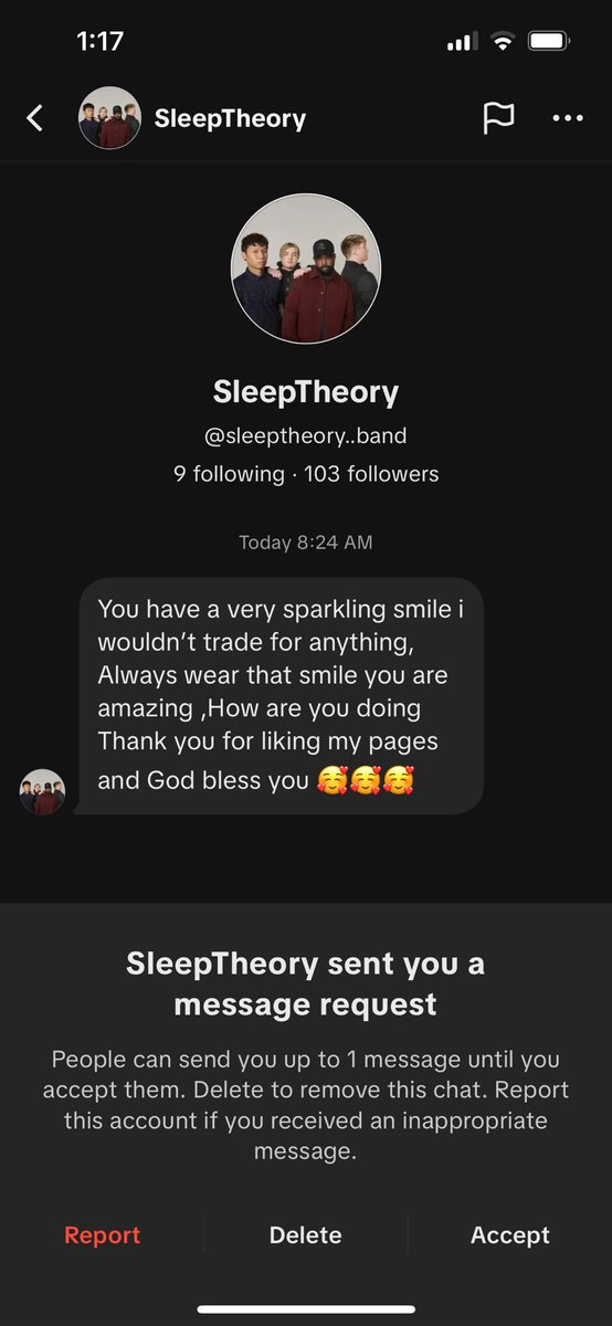 Hey <a href="/SleepTheoryBand/">Sleep Theory</a> you guys made it big! You have scammers pretending to be you now 🥲