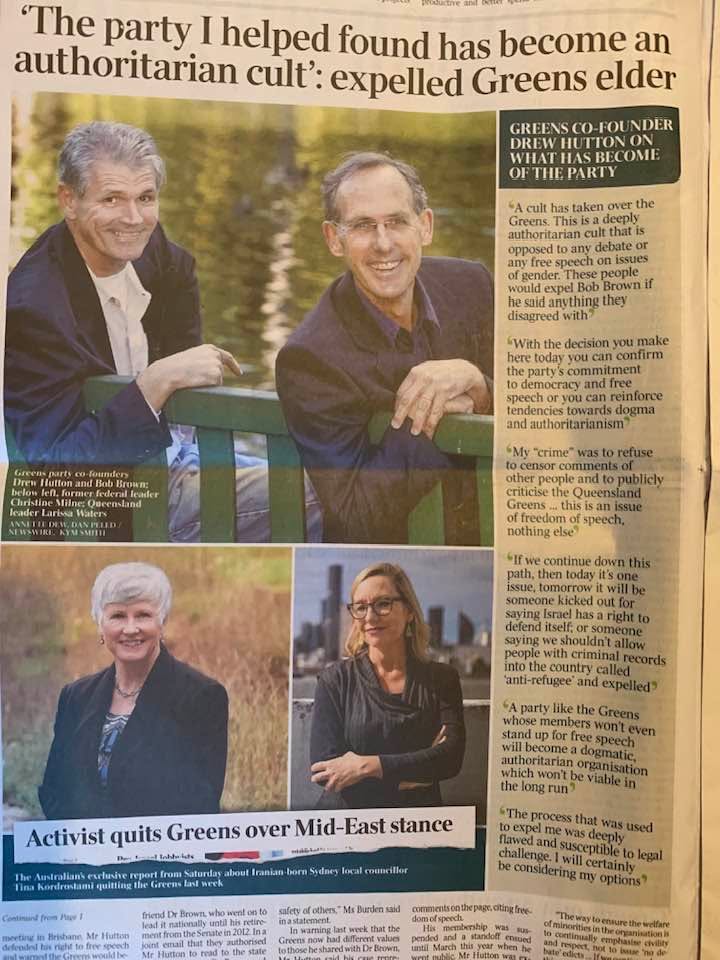 WomenSpeakTas's tweet image. 'The QLD Greens state council has just expelled me from the party. I knew I was gone the moment I walked into the room; it was filled with queer and transgender activists. I could have hummed a medley of Barry Manilow songs and the vote would have been the same. And not one…