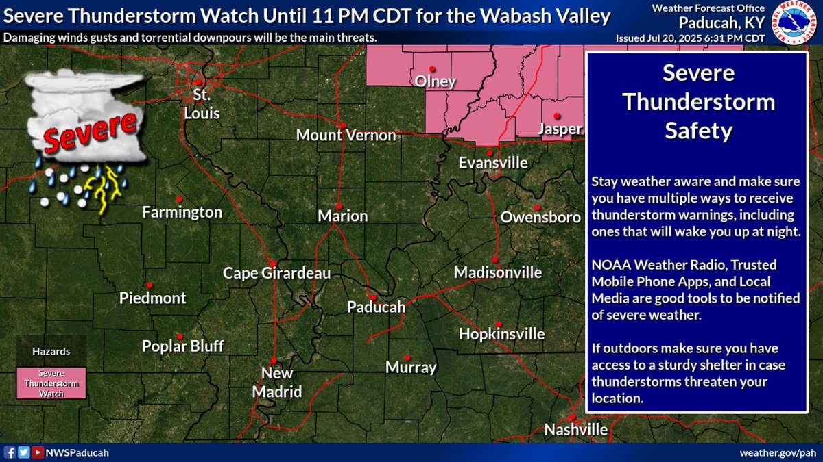 NWSPaducah's tweet image. A Severe Thunderstorm Watch has been issued until 11 PM CDT for parts of the Lower Wabash Valley in southeast Illinois and southwest Indiana. Damaging wind gusts and flash flooding will be the main risks.