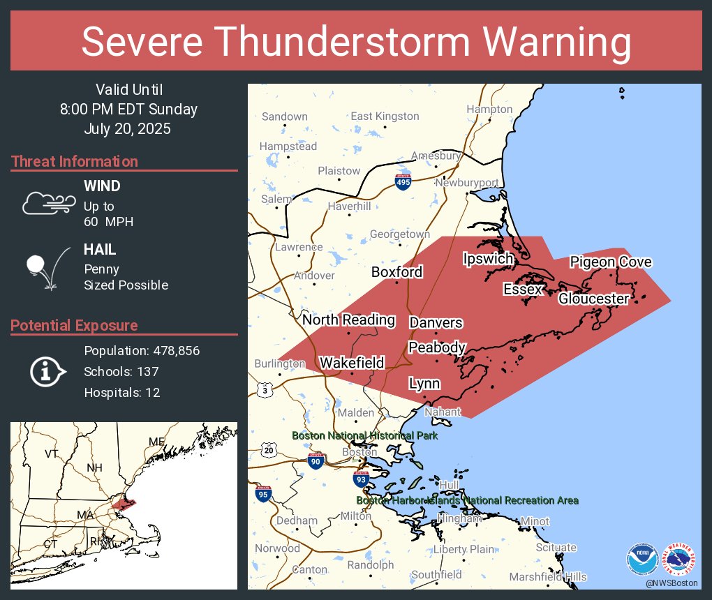 NWSBoston's tweet image. Severe Thunderstorm Warning continues for Lynn MA, Peabody MA and Salem MA until 8:00 PM EDT