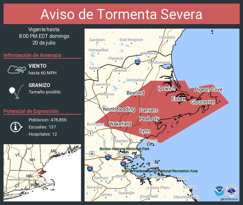 NWSBoston's tweet image. Aviso de Tormenta Severa continúa Lynn MA, Peabody MA, Salem MA hasta las 8:00 PM EDT