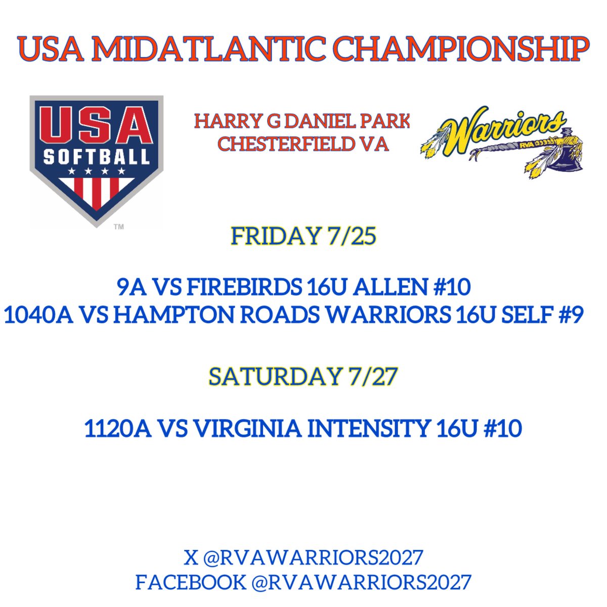 RVA Warriors 2027 (@rvawarriors) on Twitter photo We are finishing out our summer schedule at the <a href="/USASoftball/">USA Softball</a> Midatlantic Championship this weekend ππ We are finishing out our summer schedule at the <a href="/USASoftball/">USA Softball</a> Midatlantic Championship this weekend ππ