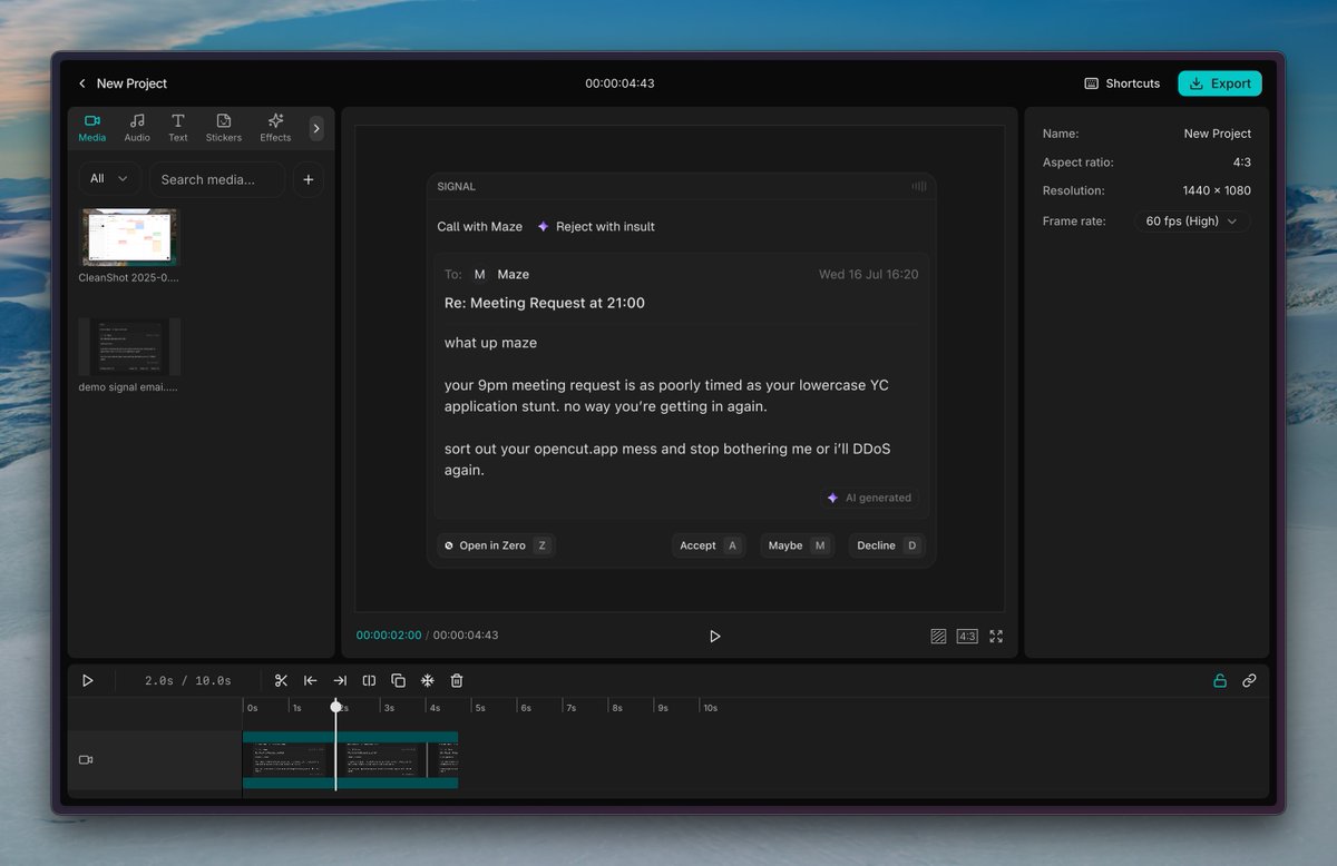 initjean's tweet image. just tried out the @opencutapp alpha
i'm telling you, opencut is the future video editors