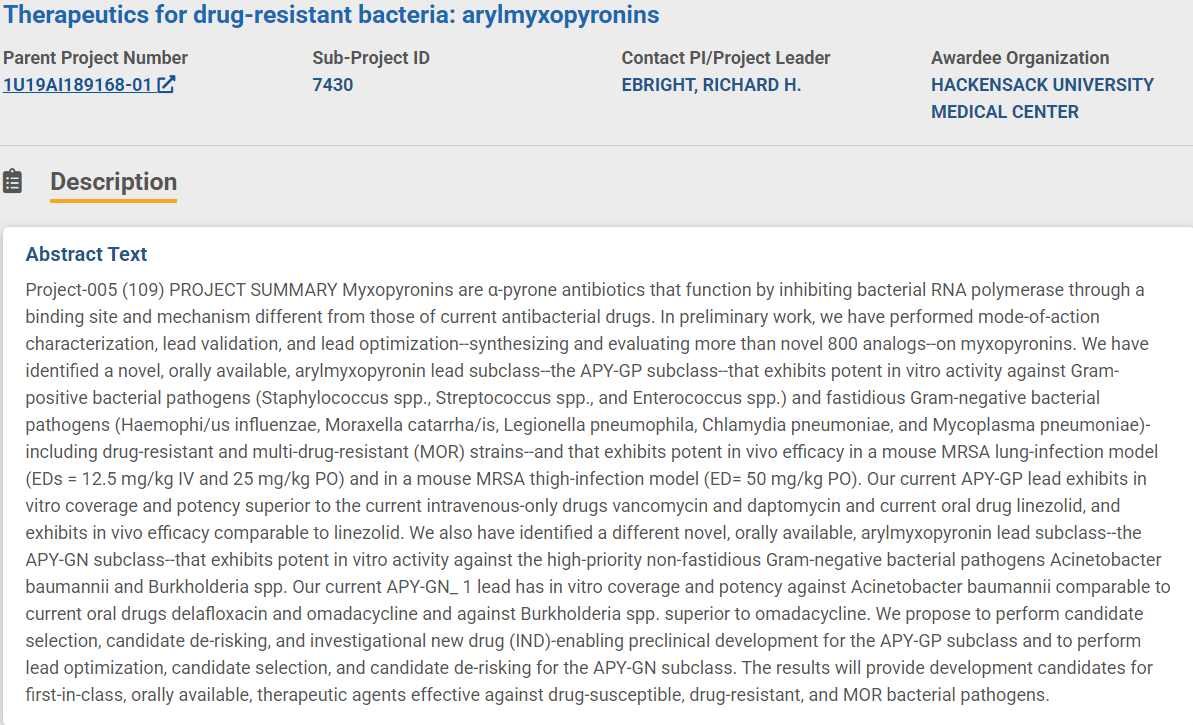 R_H_Ebright's tweet image. Notice of Award received for 5-year $4.7 million NIH grant on development of arylmyxopyronins as novel oral therapeutic agents effective agains drug-susceptible, drug-resistant, and multi-drug-resistant bacterail pathogens.
reporter.nih.gov/search/4Lwmawm…