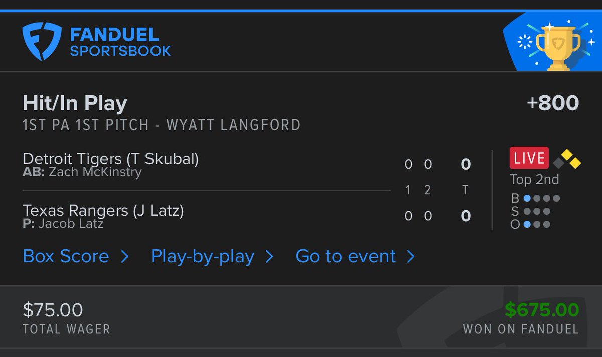 trigrdanX's tweet image. Still sweating your #SundayNightBaseball bet? Not here. A Langford Flyout never looked so pretty!
