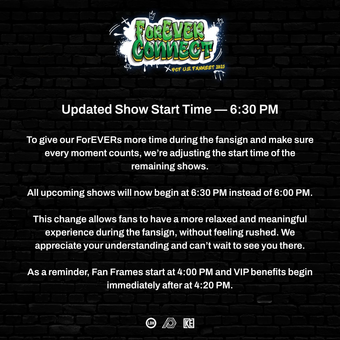 KonnectdEnt's tweet image. Updated Show Start Time — 6:30 PM
To give our ForEVERs more time during the fansign and make sure every moment counts, we’re adjusting the start time of the remaining shows.
All upcoming shows will now begin at 6:30 PM instead of 6:00 PM.
This change allows fans to have a more…