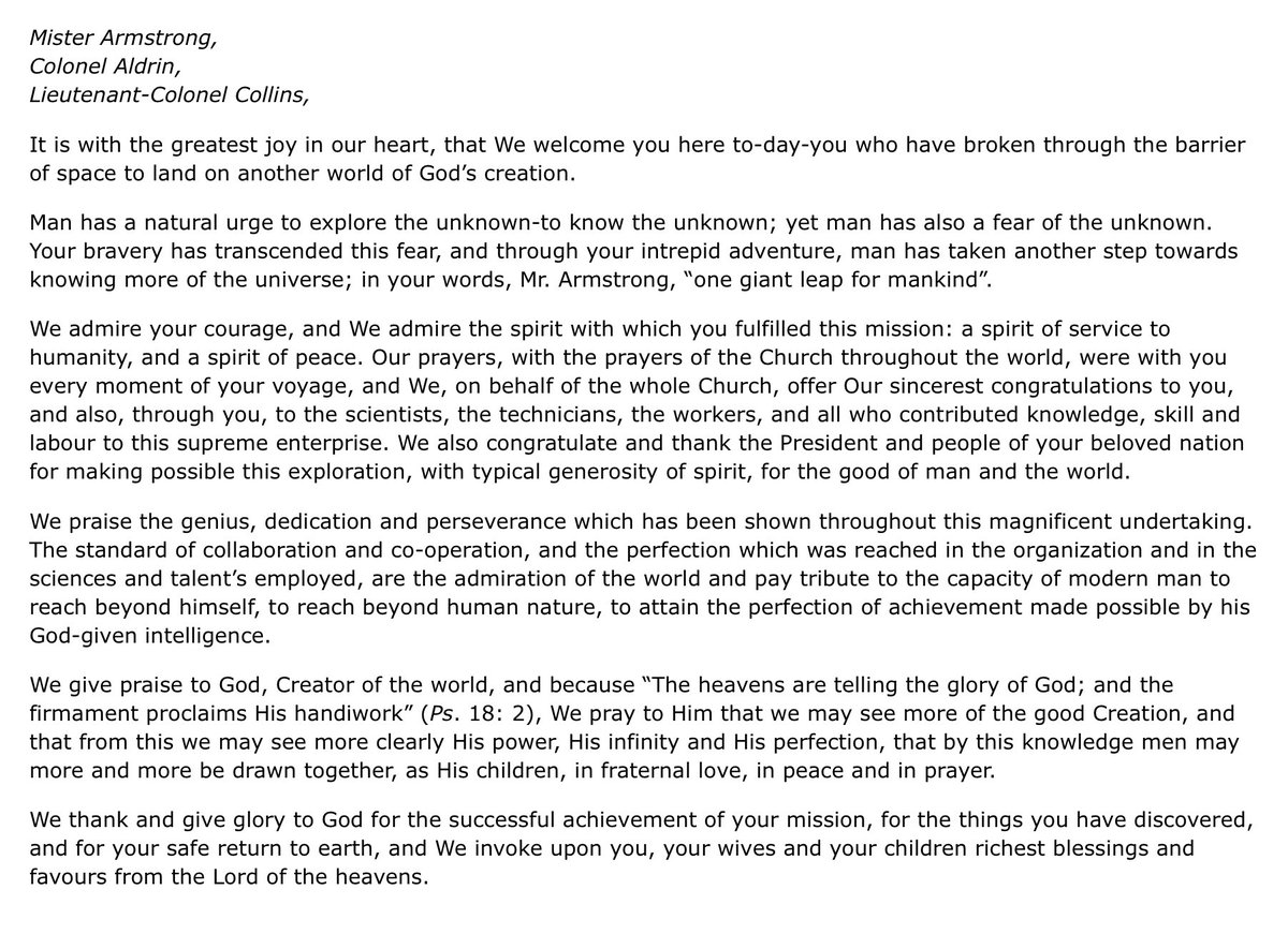 roccopalmo's tweet image. Leo’s “out of this world” Sunday to mark 56 years since the moon landing has deep resonance in papal history – a captivated Paul VI watched Apollo 11 touchdown from the Castel Observatory, then met the crew 3 months later, who brought him a Moon-rock.

Montini’s speech that day: