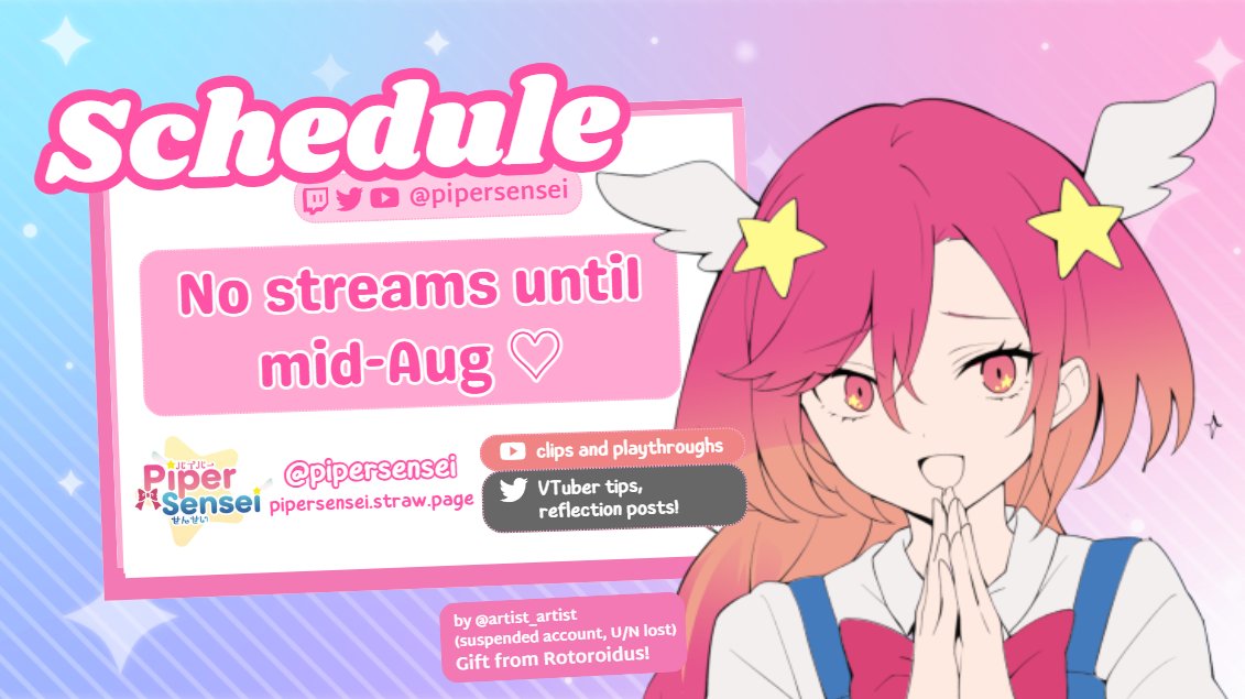 pipersensei's tweet image. ๐ SUMMER BREAK! ๐
Hi, gang! I'll be taking a break from streams, aside from existing collabs and possible impromptu streams ๐
